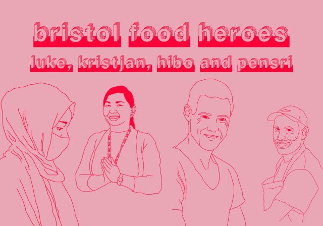 Bristol Food Heroes illustration of Hibo Mahamoud, Chefs Luke and Kristjan, and Pensri Sakornphan