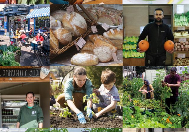 Composite of images of people in Bristol and vegetables and shops