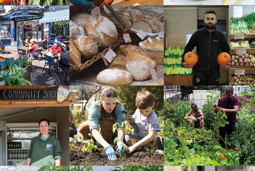 Composite of images of people in Bristol and vegetables and shops